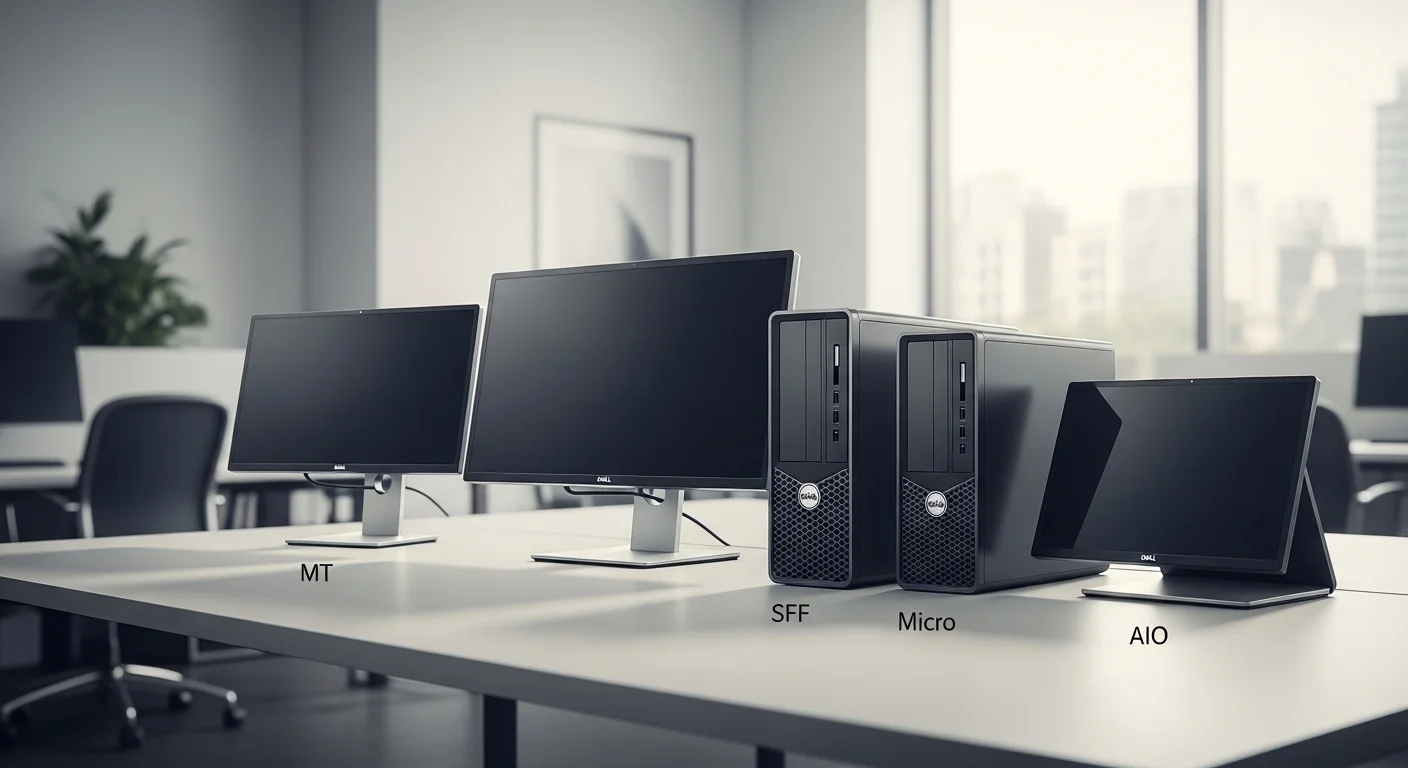 Una composición de los cuatro formatos de computadoras de escritorio Dell Optiplex 9020: MT, SFF, Micro y AIO en un entorno de oficina moderno.