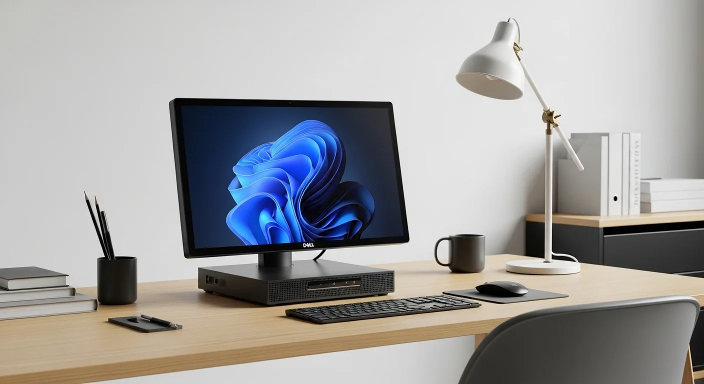 Una computadora Dell Optiplex AIO en un escritorio de oficina moderno y minimalista, mostrando su diseño elegante y ahorro de espacio.