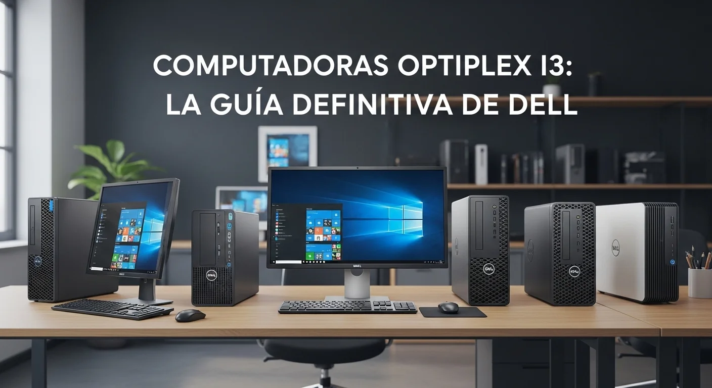 Varias computadoras de escritorio Dell Optiplex I3 en una fila sobre un escritorio de oficina, mostrando diferentes factores de forma.