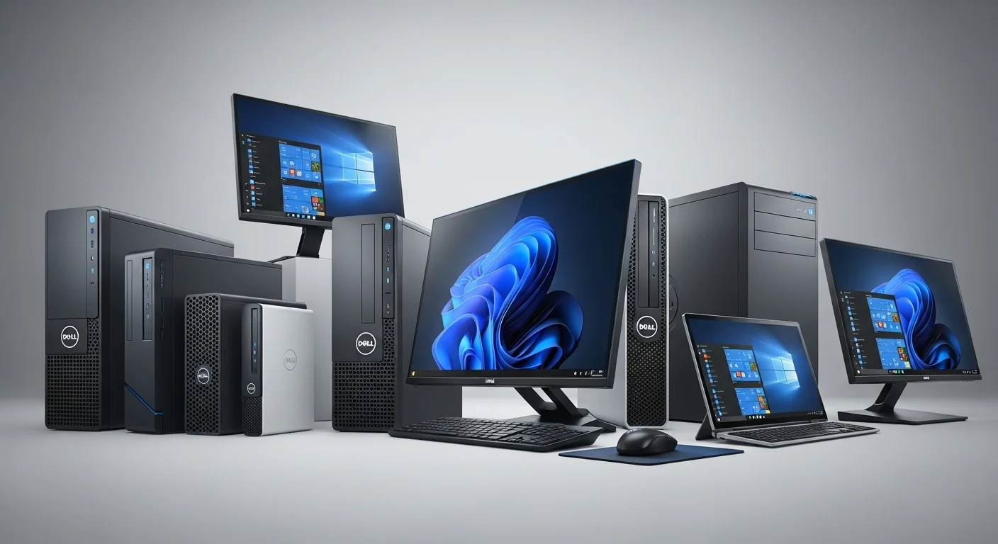 Una composición de varias computadoras Dell Optiplex de diferentes generaciones y factores de forma, mostrando su evolución.