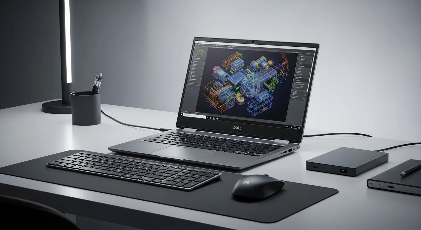 Una computadora portátil Dell Precision mostrando un complejo diseño de ingeniería en su pantalla, sobre un escritorio moderno con accesorios tecnológicos.