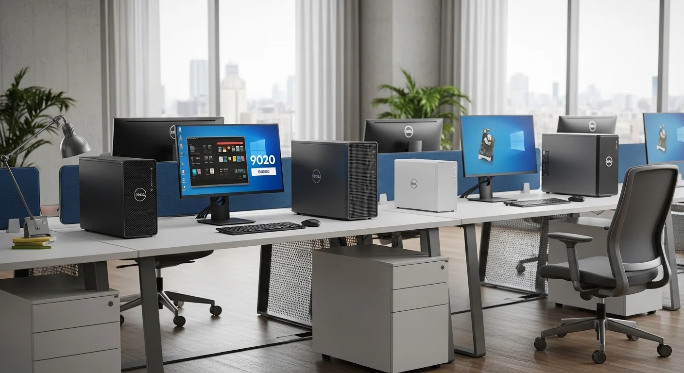 Una composición de varias computadoras Dell SFF, incluyendo los modelos 9020 y 3090, en un entorno de oficina moderno y tecnológico.