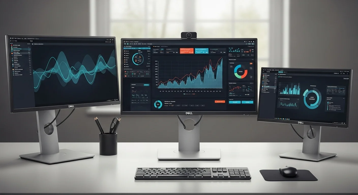 Escritorio profesional con multiples monitores Dell Ultrasharp mostrando gráficos y datos, representando el ecosistema de computadoras Dell.