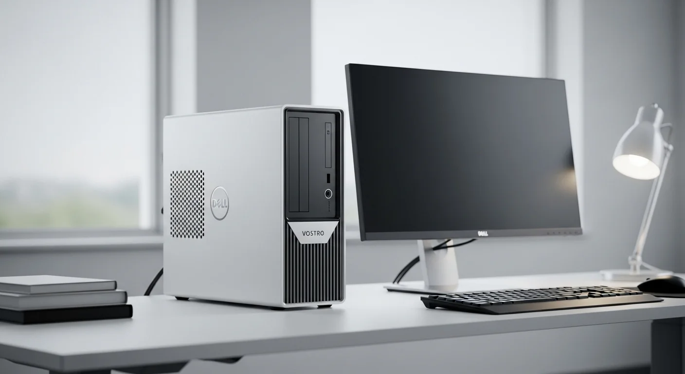 Computadora de sobremesa Dell Vostro 3681 en un escritorio de oficina moderno, junto a un monitor y teclado.