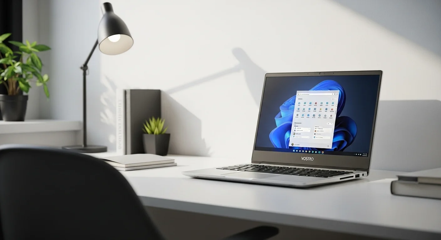 Una computadora laptop Dell Vostro en un escritorio de oficina moderno, mostrando su diseño profesional y tecnológico.