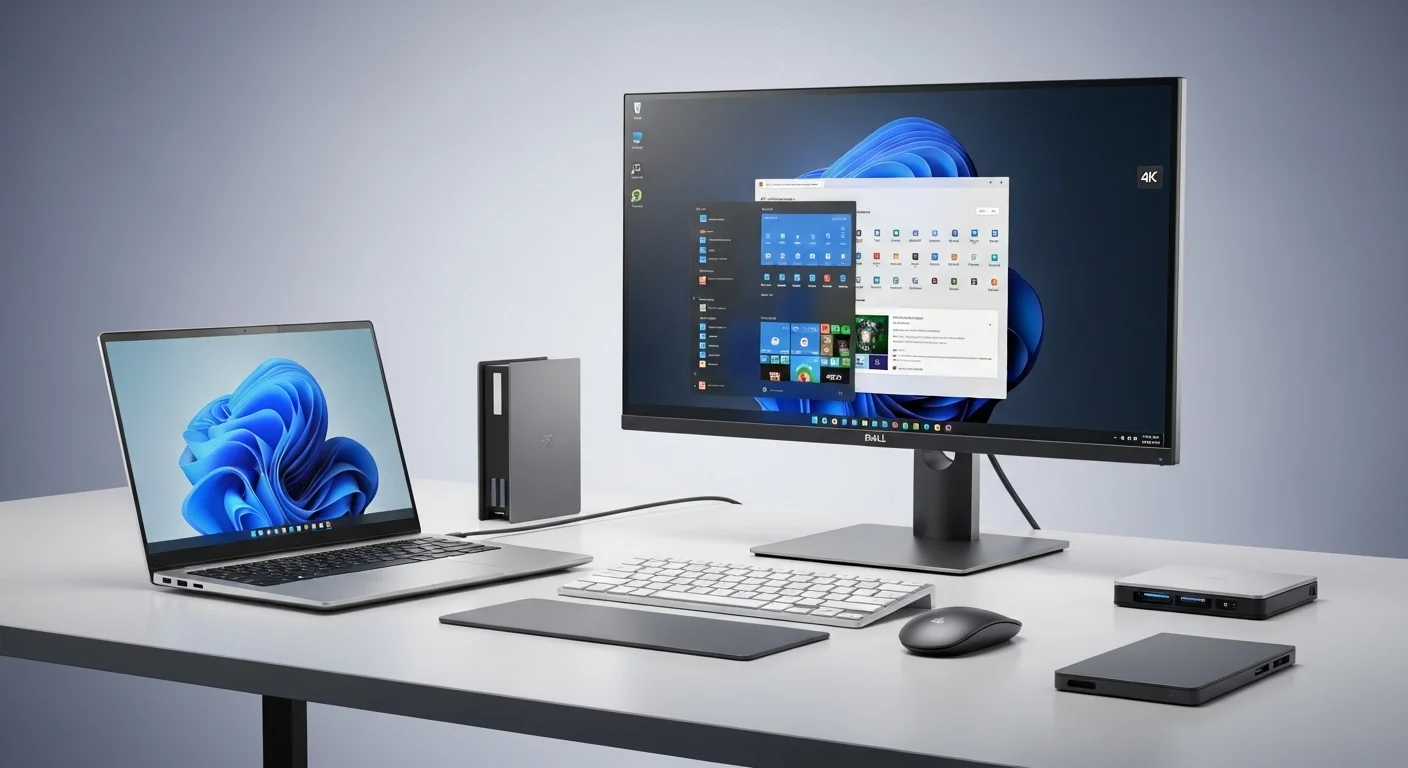 La computadora portátil Dell XPS 13 Plus (9320) sobre un escritorio moderno, conectada a un monitor externo 4K y otros accesorios tecnológicos.