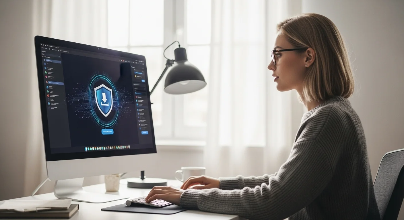 Un usuario en su computadora de escritorio moderna, descargando software de forma segura con un escudo de protección digital visible en la pantalla.