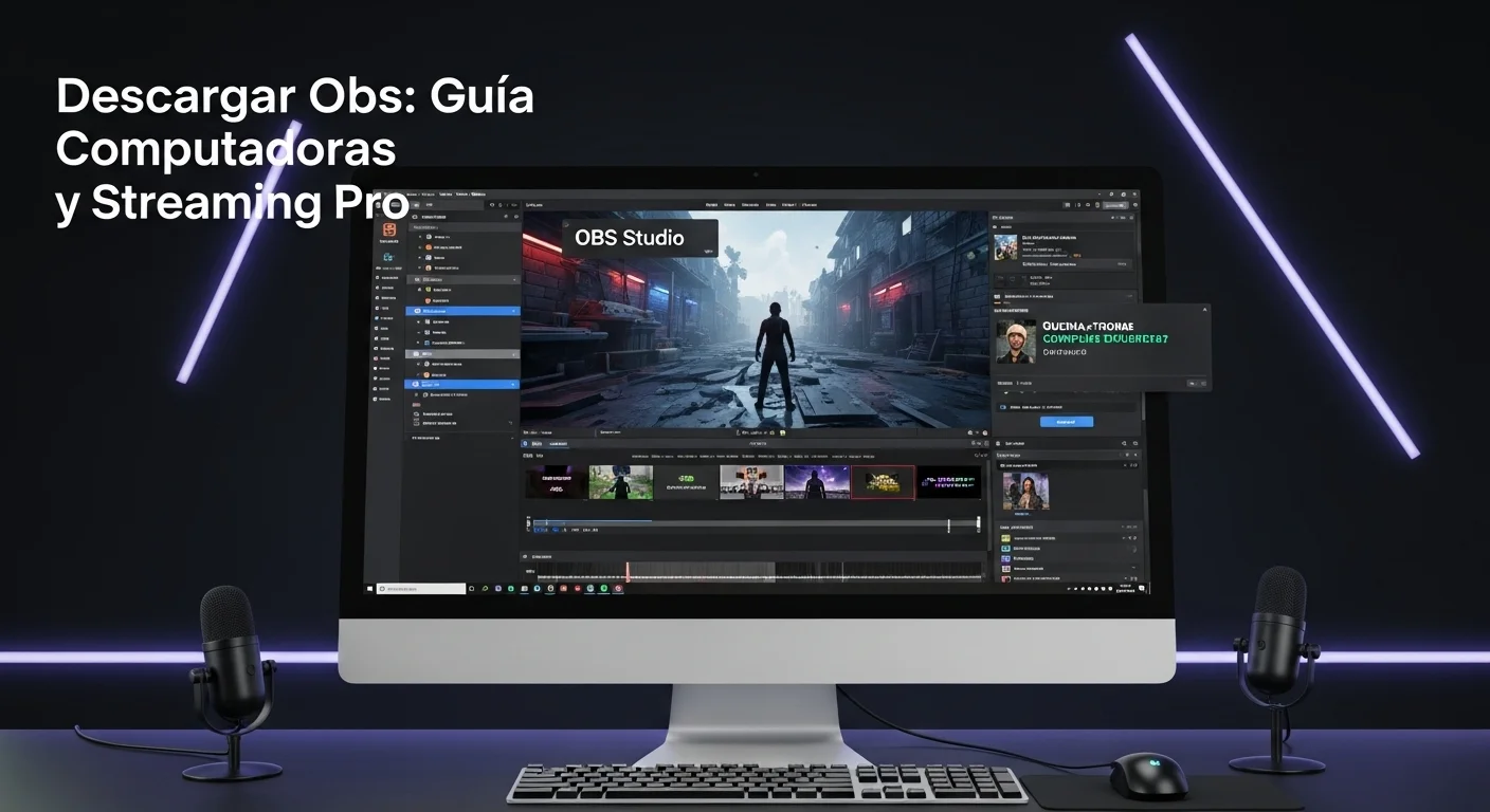 Interfaz de OBS Studio en un monitor de computadora mostrando escenas y fuentes para streaming de videojuegos, simbolizando el proceso de descargar OBS.