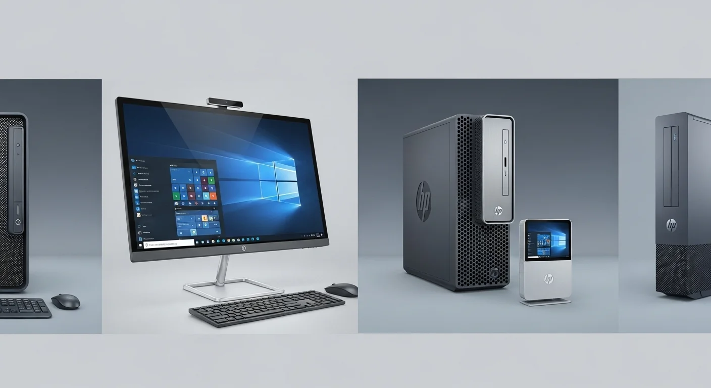 Varias computadoras Desktop HP, incluyendo un modelo All-in-One, una torre de oficina y un HP Desktop Mini, mostrando la diversidad de la línea de productos.