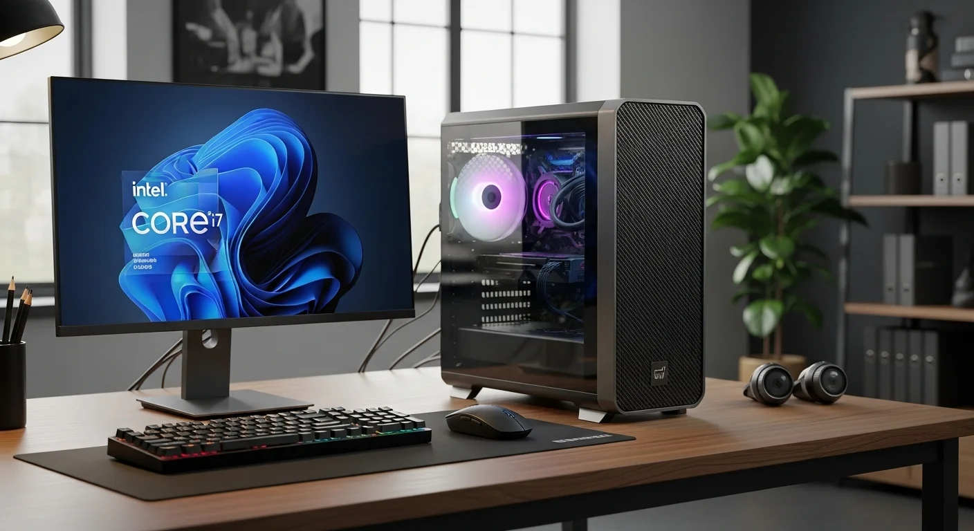 Moderna computadora desktop Intel Core i7 en un escritorio bien iluminado, mostrando su potencial para la productividad y el gaming.