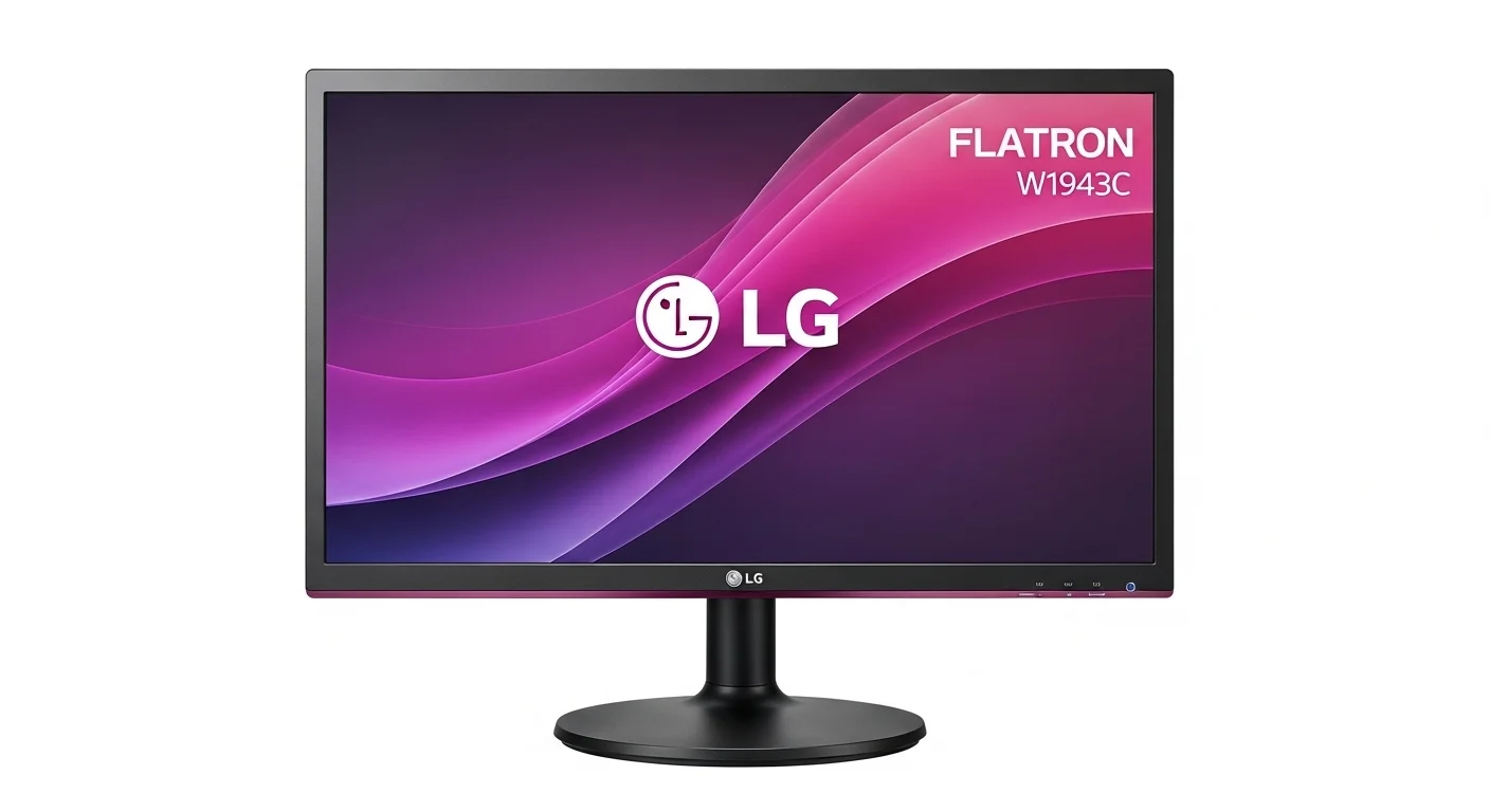 Una imagen detallada del monitor LG Flatron W1943C, enfocándose en su diseño y el logo característico de la marca.