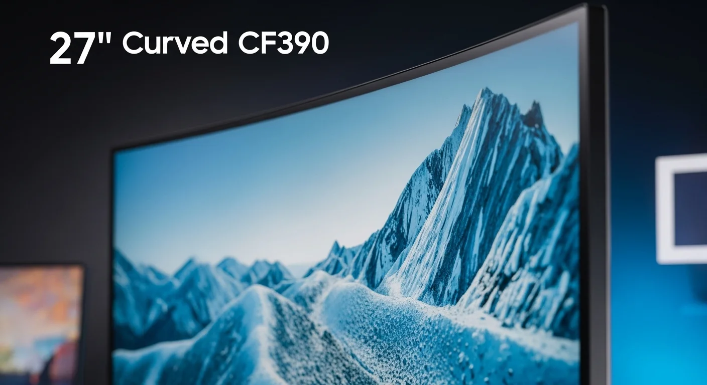 Primer plano de la curvatura de la pantalla del monitor cf390 samsung 27, mostrando la calidad de imagen para computadoras.