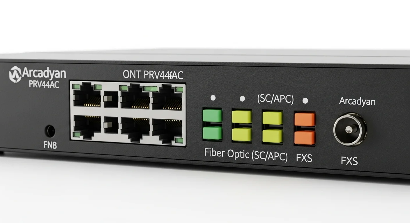 Vista detallada de los puertos Ethernet, fibra óptica (SC/APC) y FXS en un Arcadyan ONT PRV44AC, mostrando las opciones de conectividad para computadoras y telefonía.