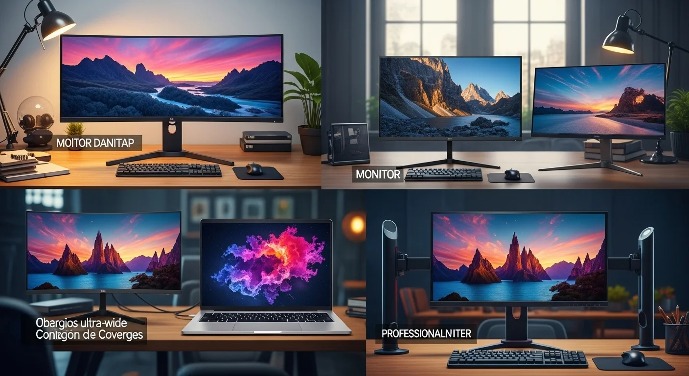 Comparativa de diferentes tipos de monitores para computadoras: curvo, plano, para laptop y profesional