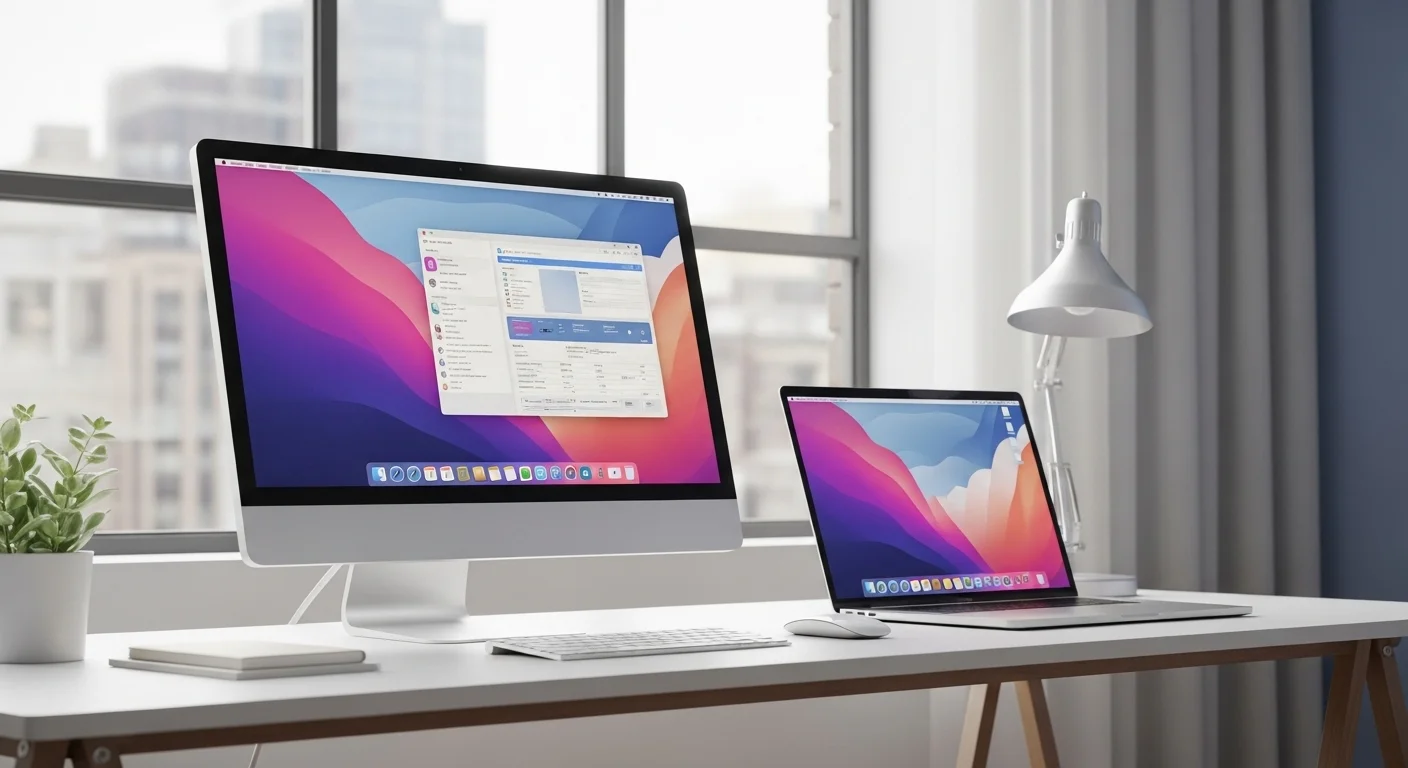Moderno Display Apple Studio en un escritorio de trabajo, mostrando su diseño elegante y su integración con otras computadoras Apple.