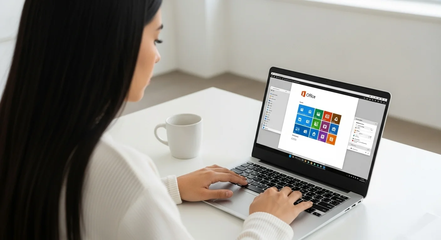 Una persona trabajando en una laptop moderna con los iconos de Microsoft Office en la pantalla, simbolizando el proceso de Download Office en computadoras.