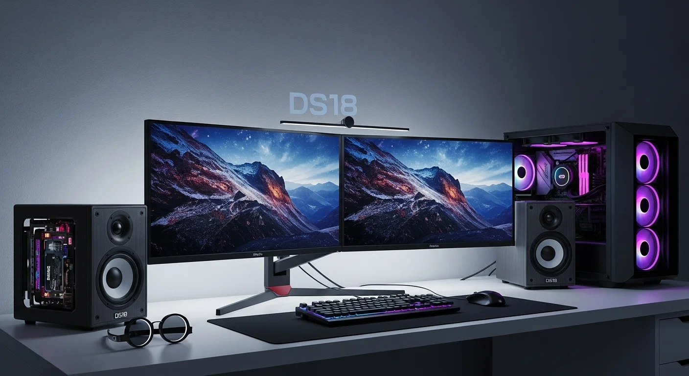 Setup de computadora avanzado con monitores múltiples y un sistema de audio personalizado que utiliza parlantes DS18 de alto rendimiento en el escritorio