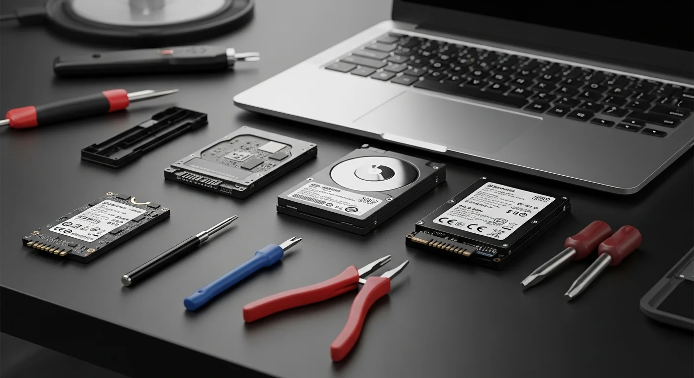 Una imagen mostrando varios tipos de duro laptop, incluyendo un SSD de 2.5 pulgadas y un SSD M.2 NVMe, junto a una laptop abierta y herramientas para la instalación.
