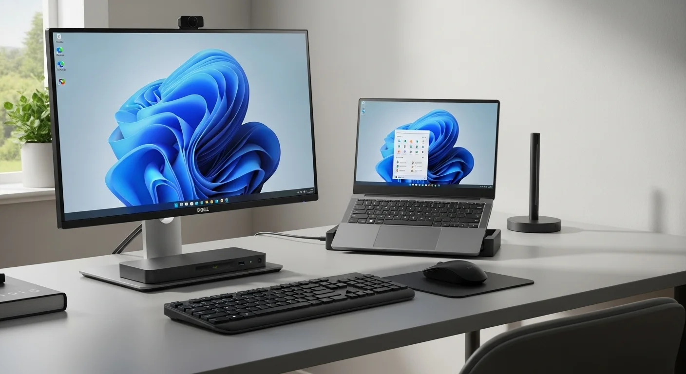 Un escritorio de oficina moderno con una laptop Dell 5510 conectada a un monitor, teclado, y otros accesorios de tecnología