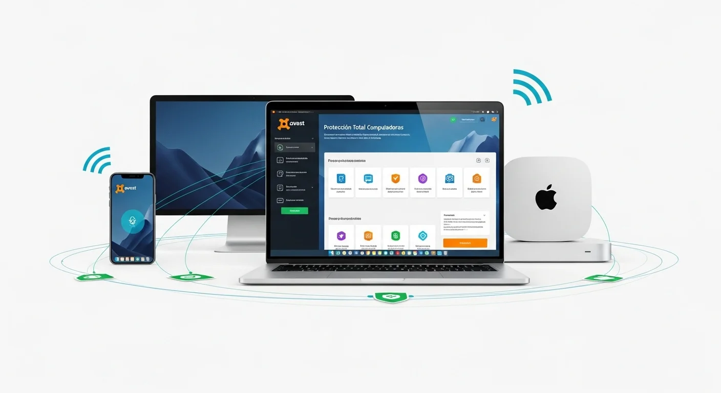 Composición de varios dispositivos (laptop, smartphone, Mac) mostrando la interfaz de Avast, representando la protección integral en el ecosistema tecnológico.