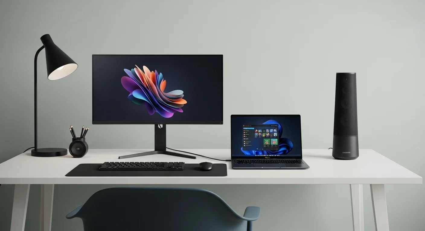 Un moderno espacio de trabajo con una computadora laptop Samsung Galaxy Book en el centro, conectada a un monitor y una bocina Samsung Sound Tower, mostrando la sinergia del ecosistema tecnológico.
