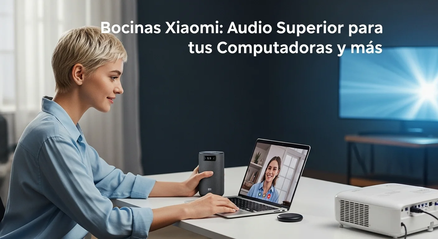 Una persona interactuando con una bocina inteligente Xiaomi L09G en un escritorio, con otros dispositivos como proyectores y pantallas de fondo