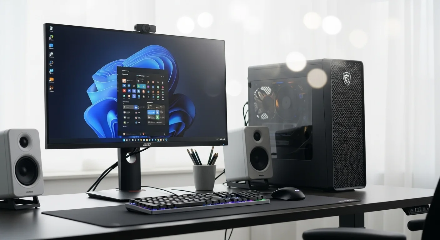Un espacio de trabajo moderno con una computadora MSI Modern connectada a un monitor externo, con bocinas modernas y un teclado ergonómico.