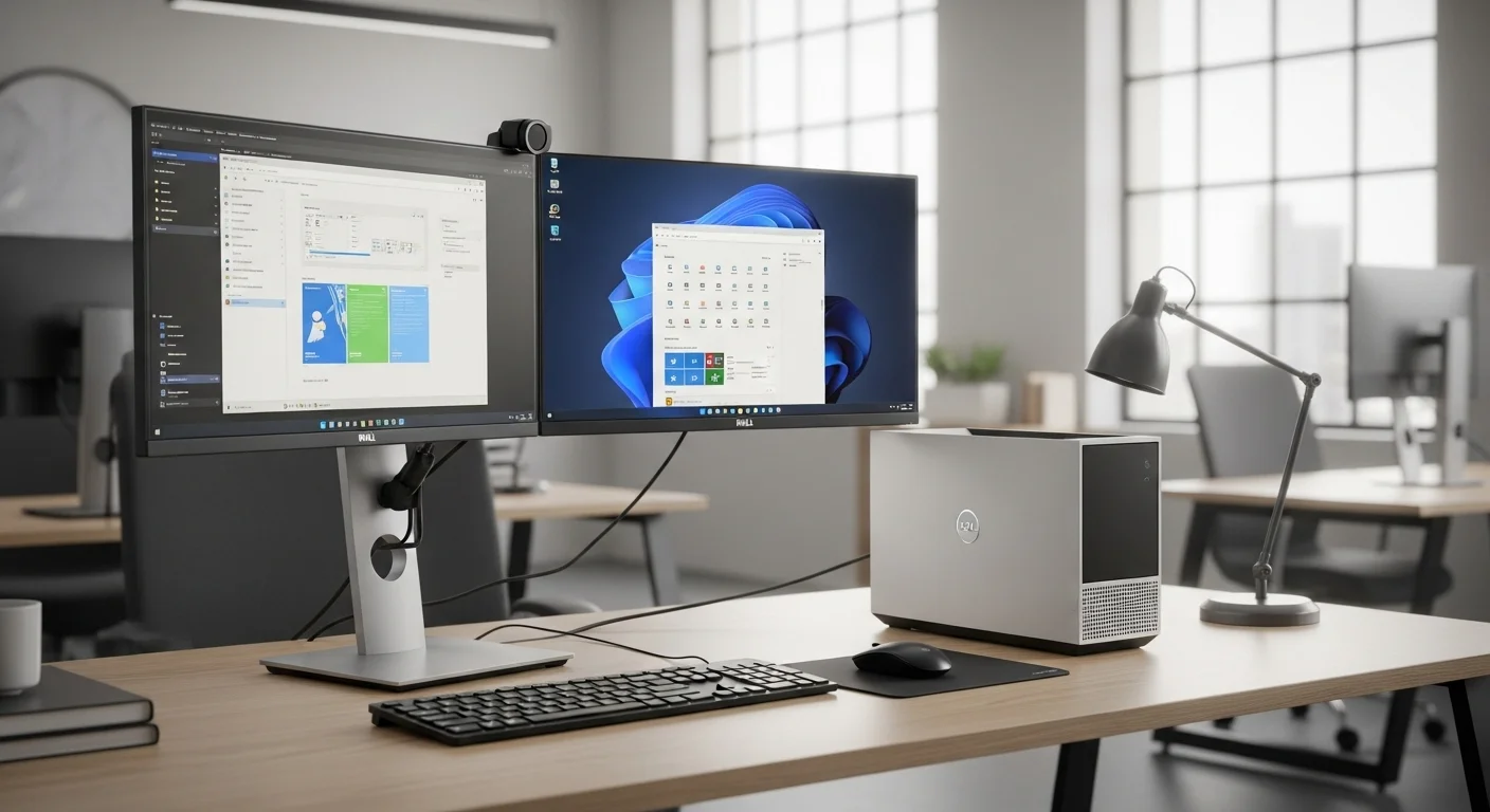 Un espacio de trabajo con una computadora Dell Inspiron AIO, un teclado, un ratón y un segundo monitor, demostrando su conectividad y uso en un entorno de oficina.
