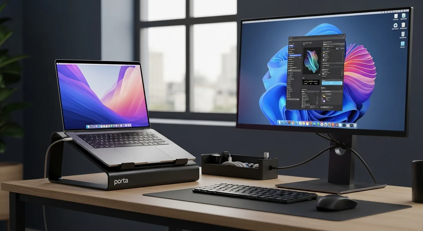 Escritorio de trabajo moderno con una computadora portátil, un porta laptop, un porta cables organizado y un monitor conectado.