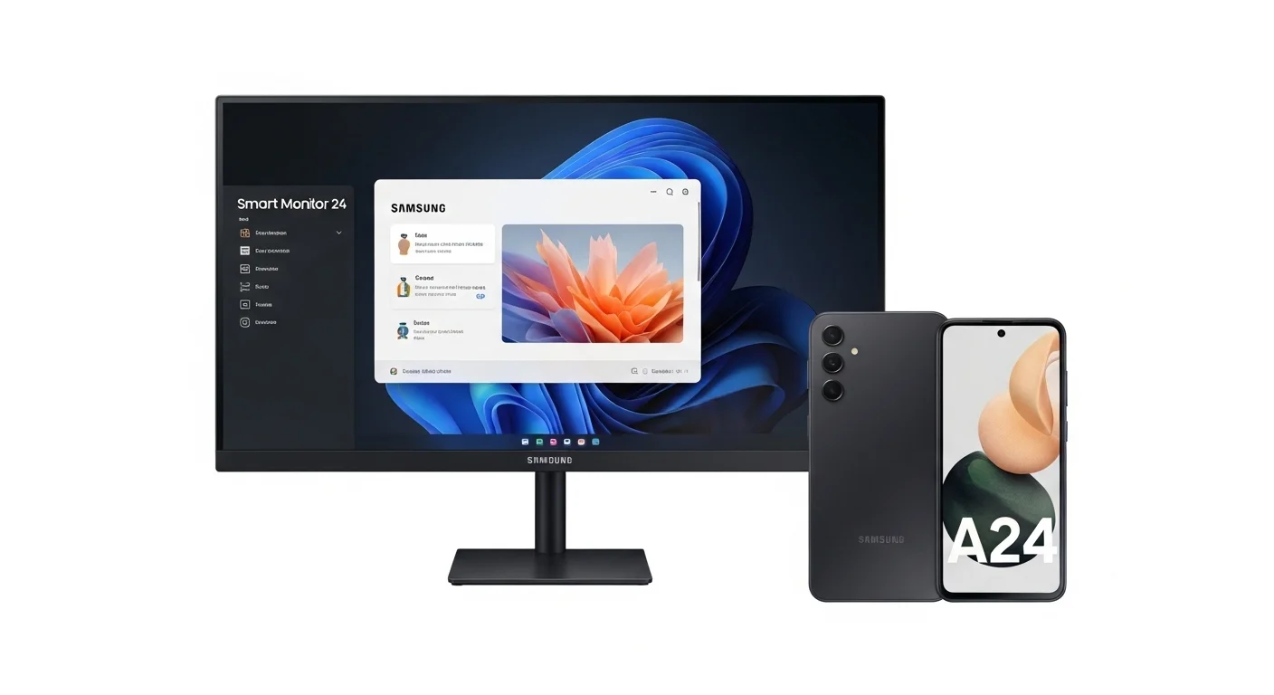 Un Smart Monitor Samsung 24 mostrando su interfaz inteligente junto a un smartphone Samsung A24, ilustrando la conectividad del ecosistema.