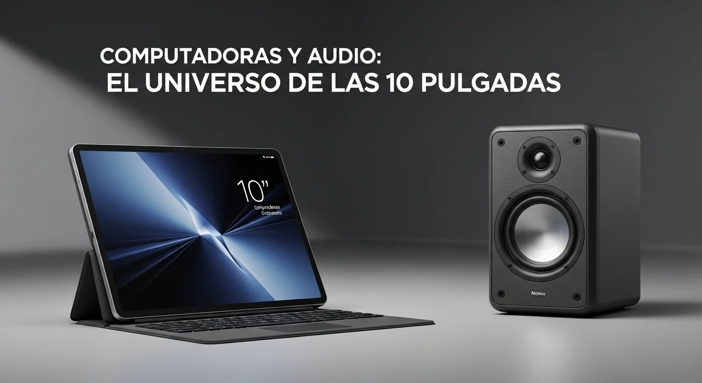 Un ecosistema tecnológico que muestra una tablet de 10 pulgadas junto a un bafle activo de 10 pulgadas, simbolizando la unión de computadoras y audio.
