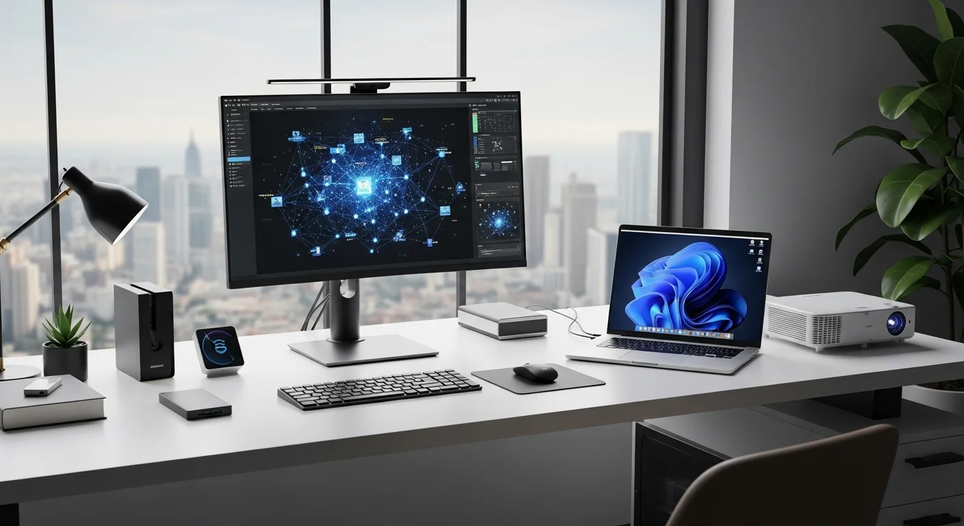 Un escritorio de oficina moderno en 2025 con una laptop, un monitor de alta resolución, un proyector y otros accesorios tecnológicos.