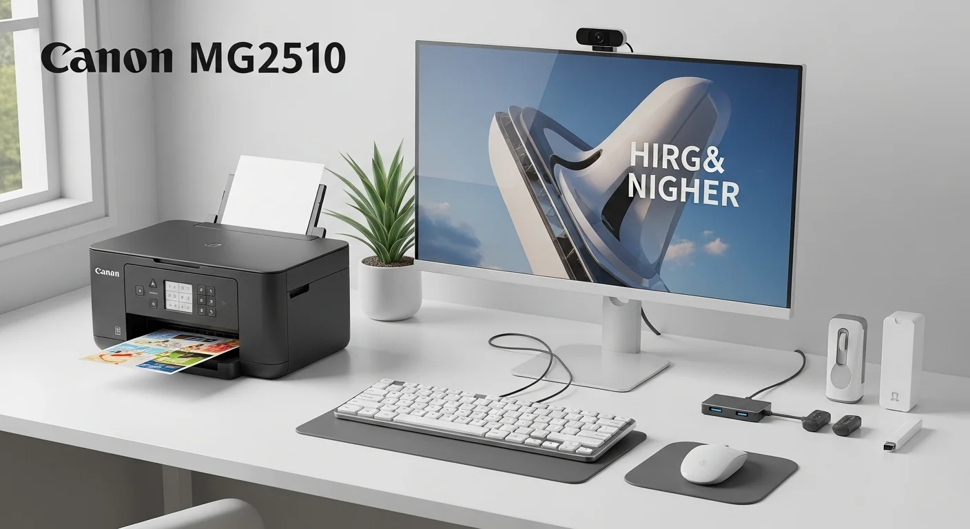 Un ecosistema de tecnología de oficina que incluye una impresora Canon, un monitor, un teclado ergonómico y otros accesorios para computadoras.