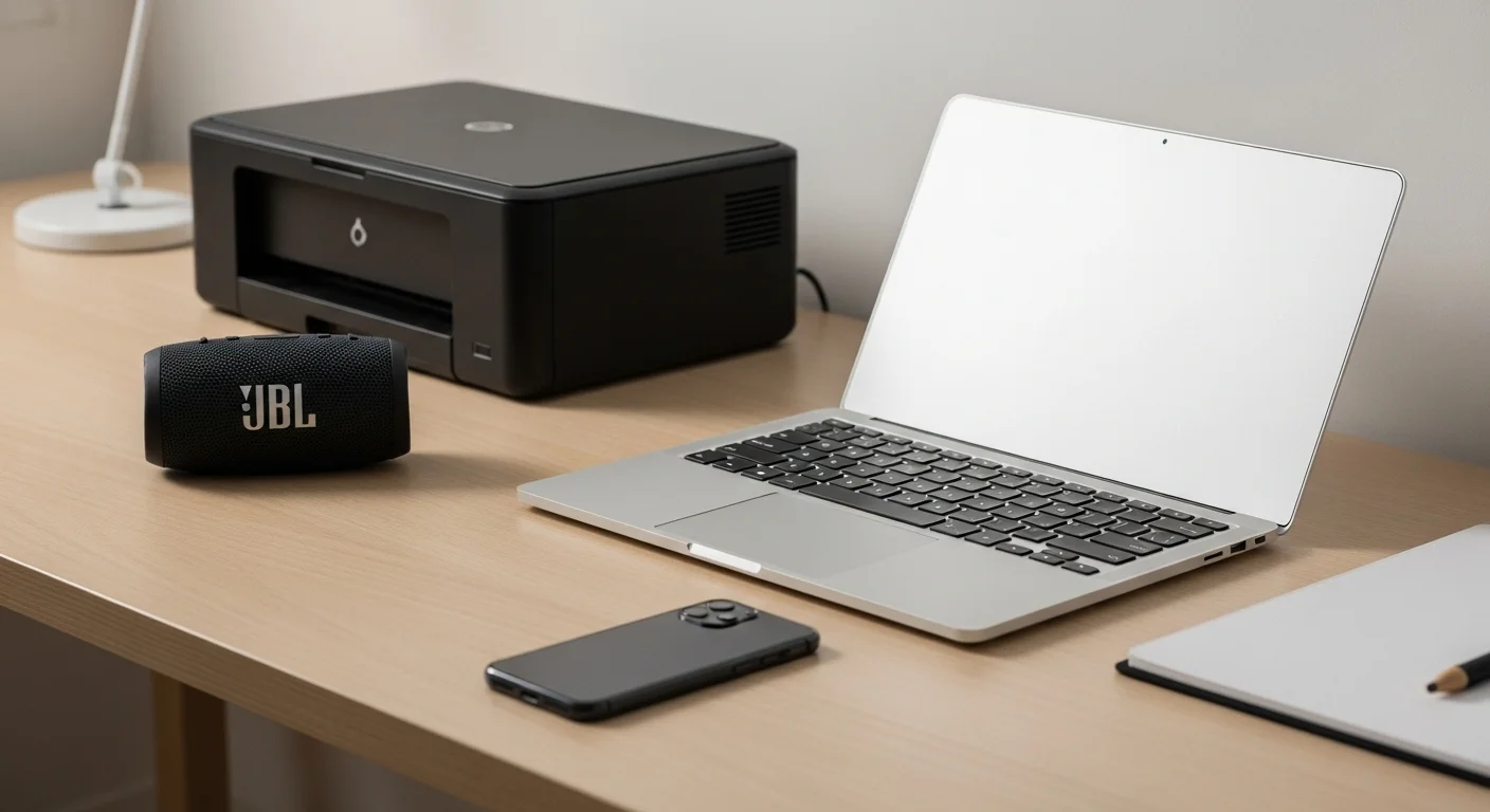Una configuración de trabajo moderna y minimalista con una laptop, una impresora chica, una bocina jbl chica y un smartphone sobre un escritorio de madera.