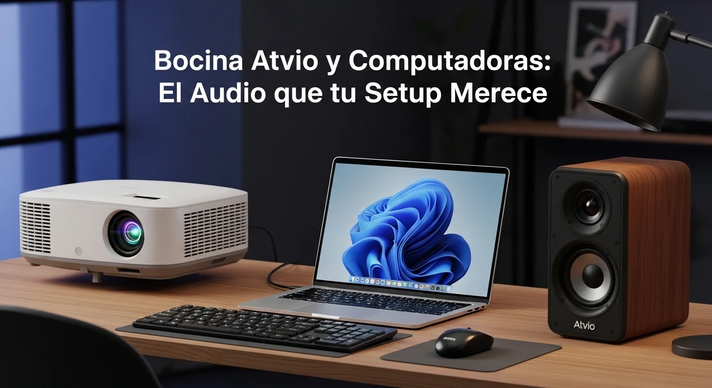 Un ecosistema tecnológico que incluye una laptop, un proyector y una bocina Atvio de 12 pulgadas, demostrando la versatilidad de la marca en tecnología para el hogar y la oficina.