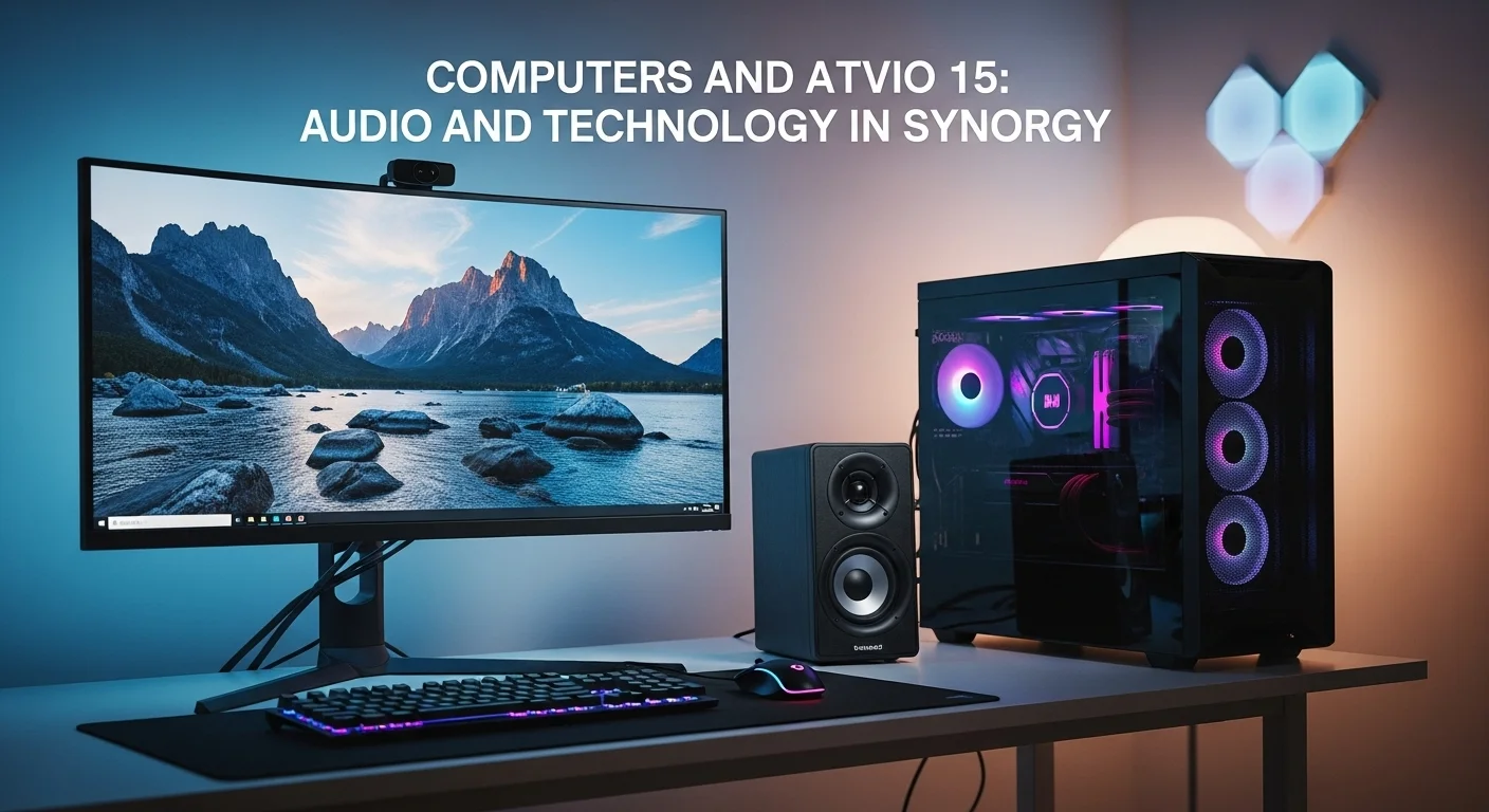 Un entorno de oficina en casa con computadoras, un monitor y un bafle Atvio 15 pulgadas, ilustrando un ecosistema tecnológico completo.