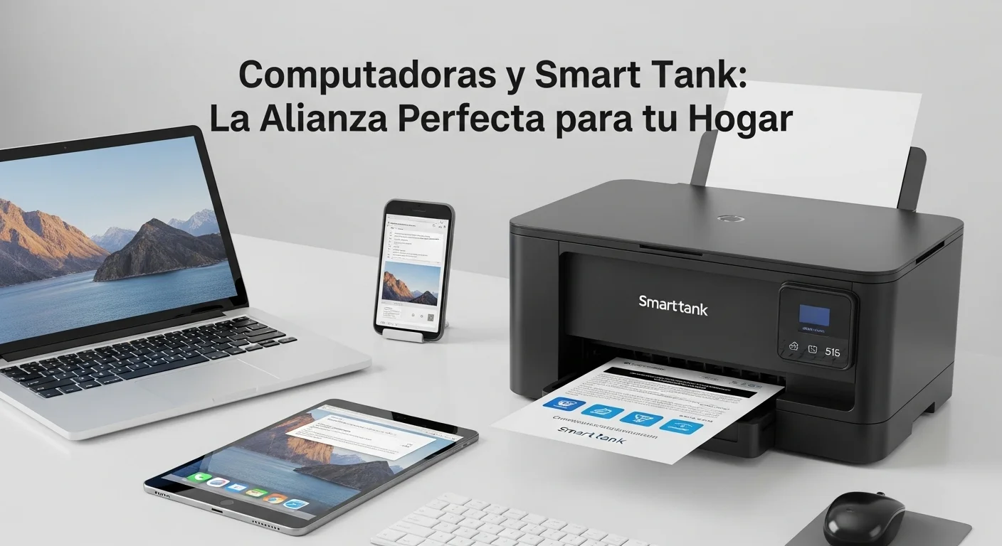 Un escritorio con una computadora, una tablet y un smartphone, todos interactuando con una impresora smart tank 515, destacando su conectividad.
