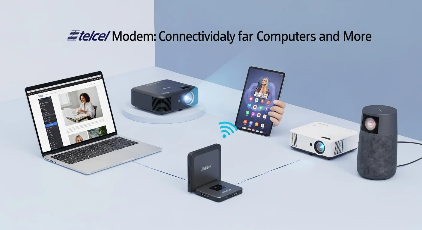 Un ecosistema de dispositivos tecnológicos incluyendo una laptop, una tablet, un proyector y una bocina inteligente, todos conectados a un módem portátil Telcel en el centro.