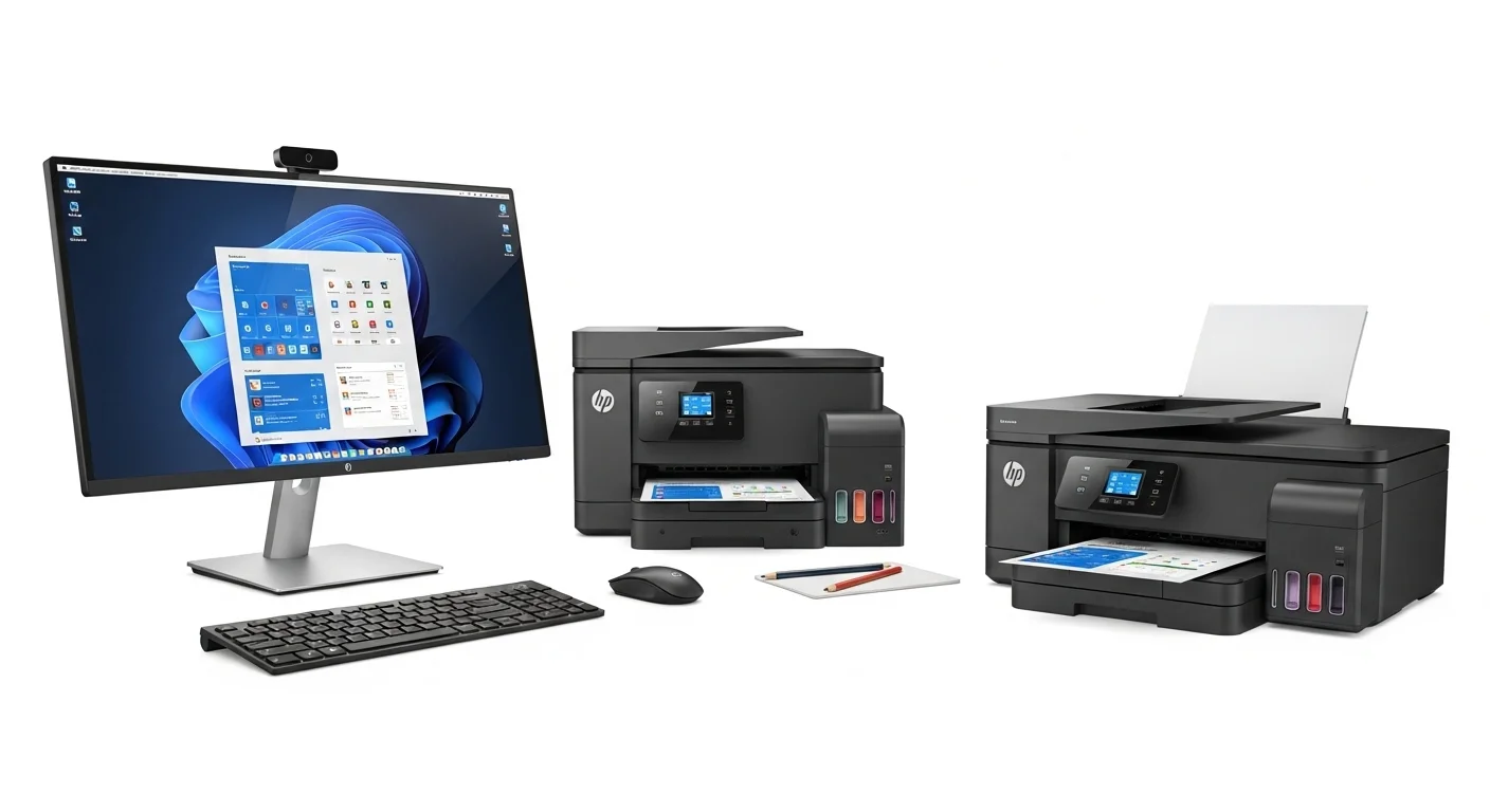 Un ecosistema de productos HP que incluye una computadora, una impresora continua HP, un monitor y accesorios, destacando la conectividad.