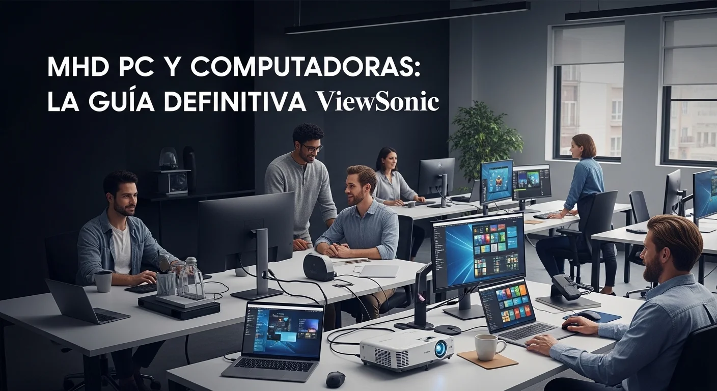 Entorno de oficina colaborativo con múltiples pantallas, laptops y un proyector, demostrando un ecosistema tecnológico integrado.