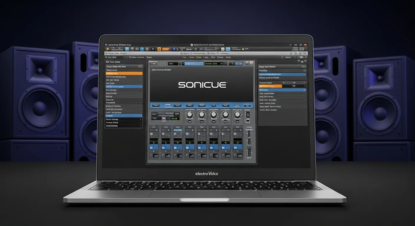 Una computadora laptop mostrando el software de control SONICUE de Electro Voice, con varios altavoces profesionales EV en el fondo en un entorno de estudio.