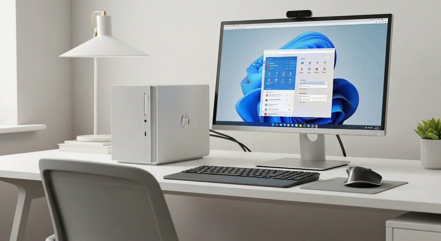 Una computadora HP Elitedesk Mini en un moderno escritorio de oficina, junto a un monitor, teclado y otros accesorios tecnológicos.