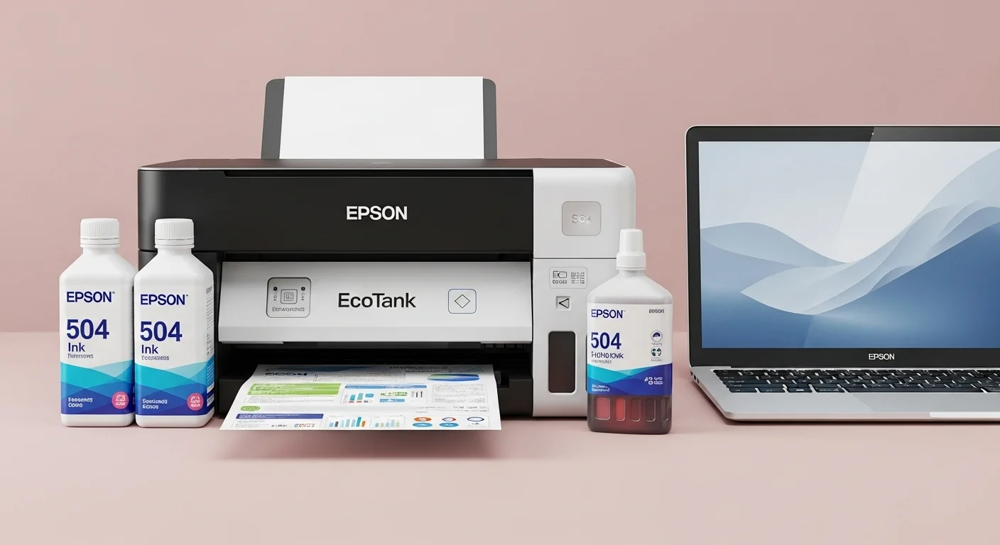Botellas de tinta Epson 504 junto a una impresora EcoTank y una laptop, representando el ecosistema de computadoras y productividad