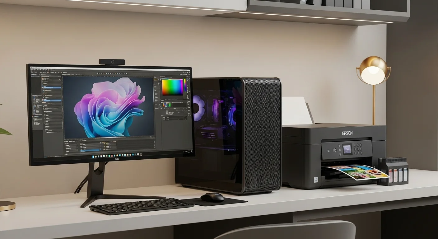 Una configuración de oficina moderna con una computadora de escritorio y una impresora Epson EcoTank, mostrando la sinergia tecnológica.