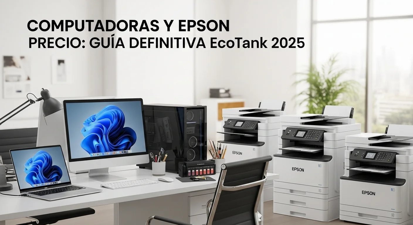 Una configuración de oficina moderna con computadoras y varias impresoras Epson EcoTank, mostrando el concepto de Epson Precio y eficiencia.