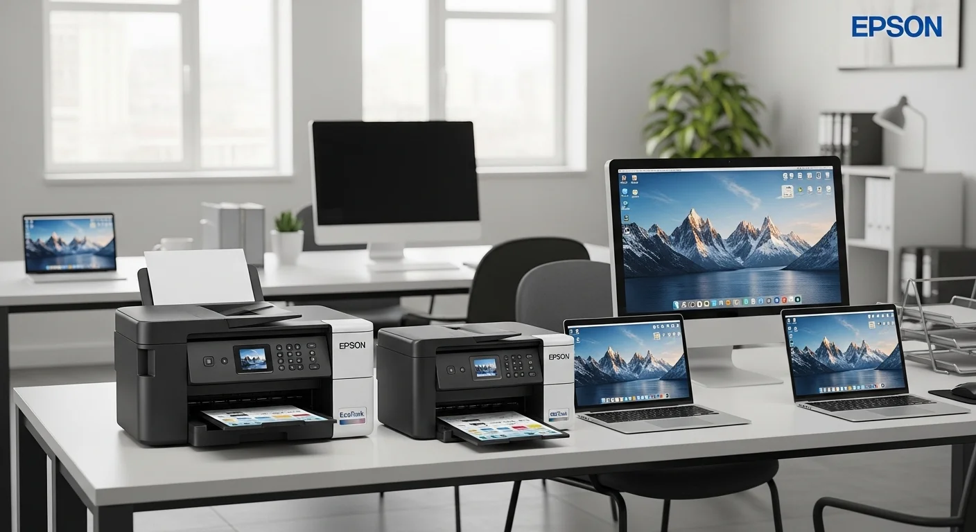 Familia de impresoras Epson EcoTank junto a computadoras y laptops en un entorno de oficina moderno
