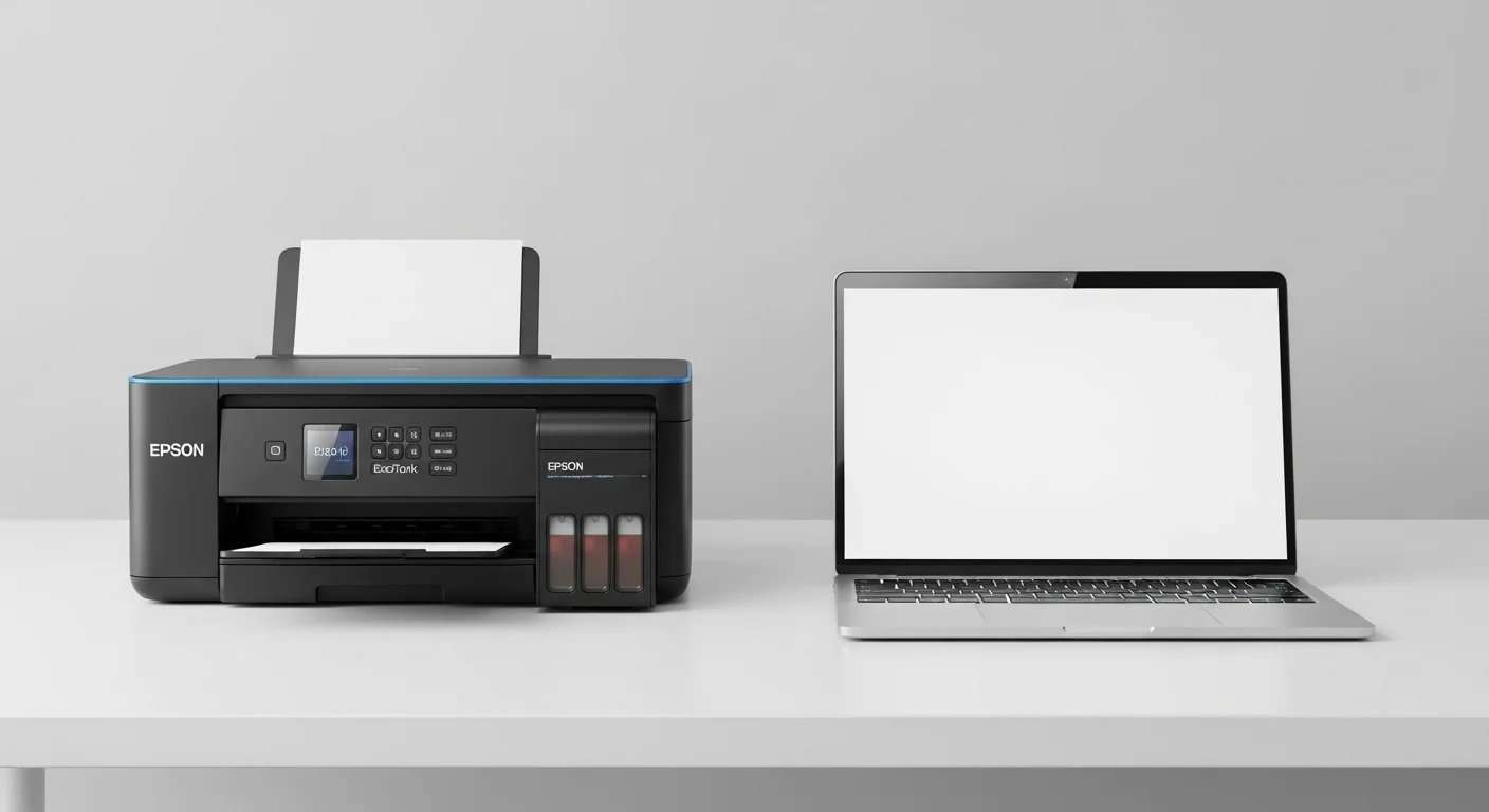 Una impresora Epson EcoTank L4260 junto a una computadora portátil en un escritorio de oficina moderno, mostrando eficiencia