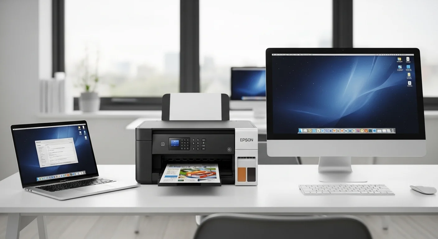 Una impresora Epson Ecotank multifuncional junto a una laptop y una computadora de escritorio en una oficina moderna, mostrando la sinergia entre los equipos.