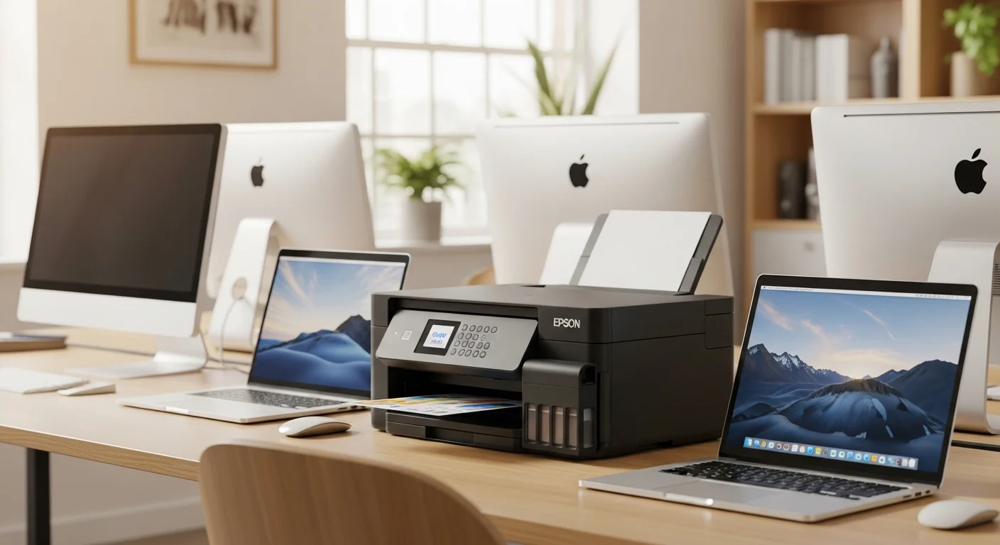 Una impresora Epson L de la serie EcoTank junto a computadoras y laptops en un entorno de oficina moderno, mostrando eficiencia y conectividad.