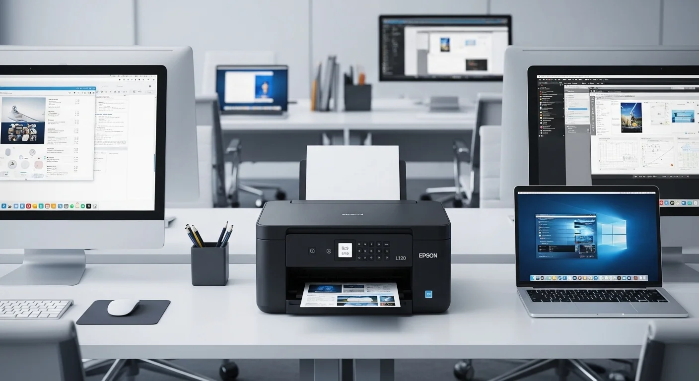 Impresora Epson L120 en un moderno escritorio de oficina junto a varias computadoras y laptops, simbolizando la integración tecnológica.